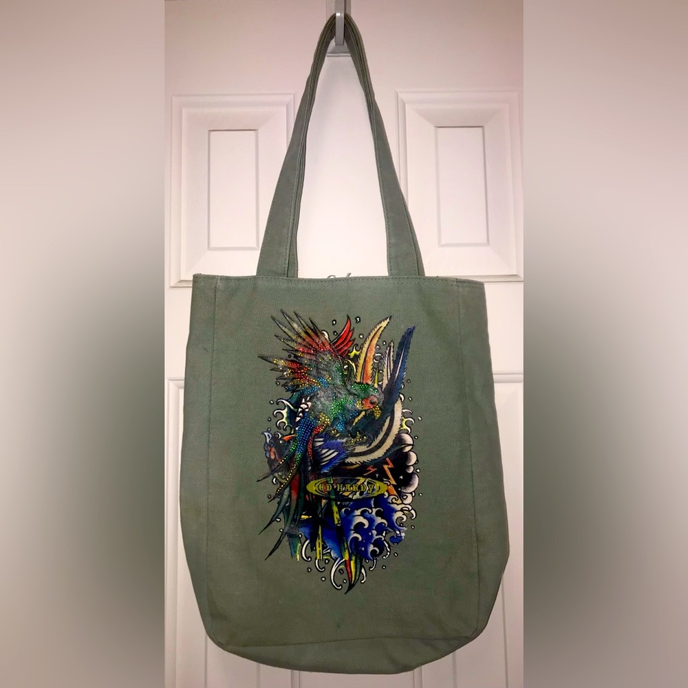 Vintage Ed Hardy Asphalt Gray Embellished Canvas Tote Bag